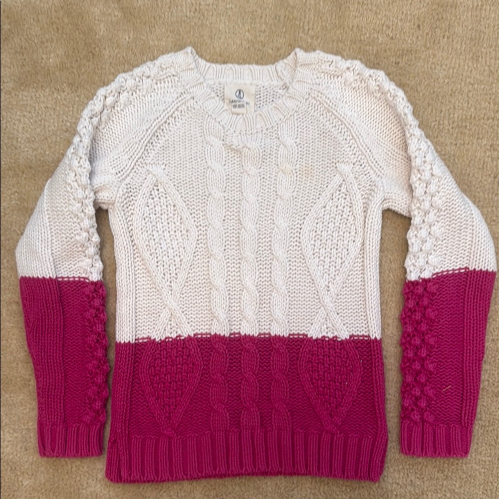 Lands' End Girl’s Cable Knit Sweater - Cream and Pink